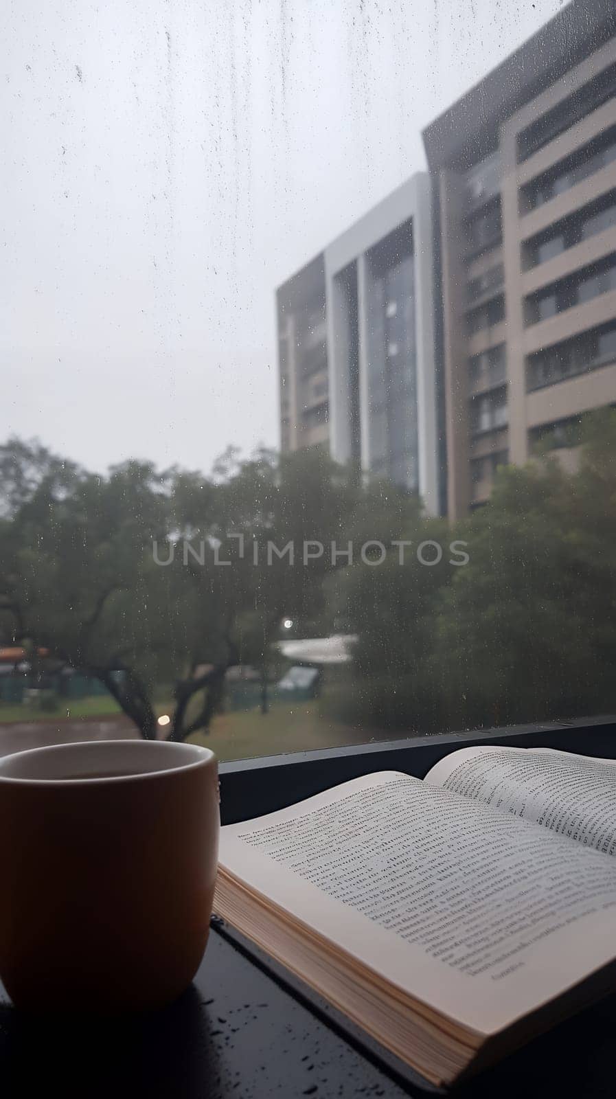 A cozy scene with a steaming cup of coffee and an open book by a rainy window, perfect for a relaxing day.