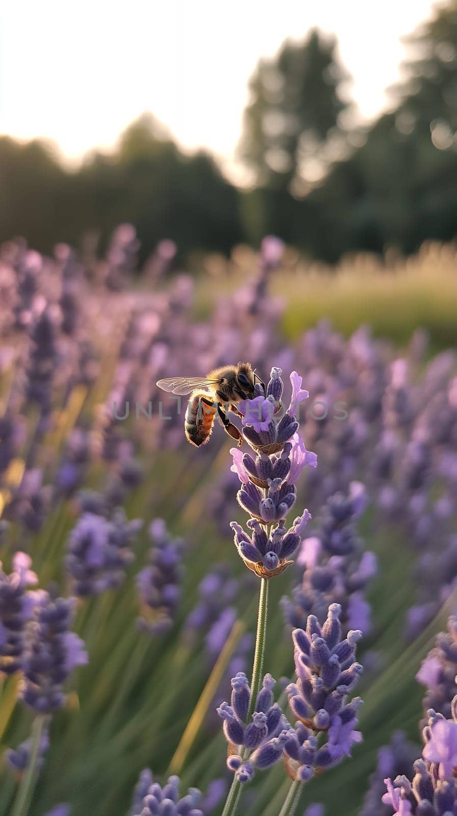 A close up of a bee collecting nectar from a lavender flower, highlighting the beauty of nature's pollinators.