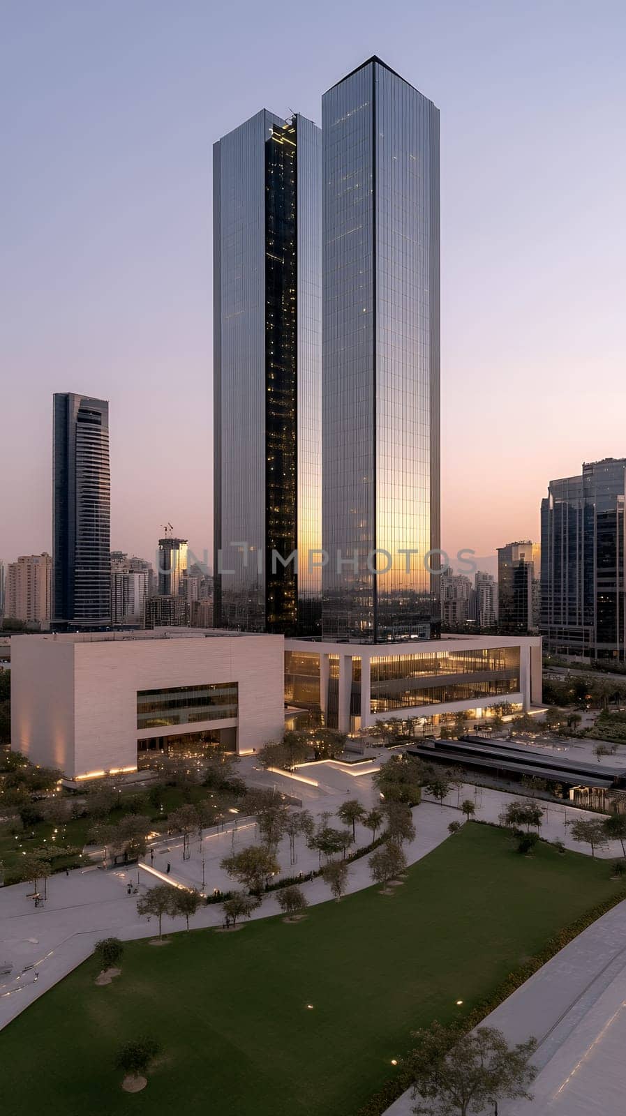 A stunning modern city skyline at dusk, with illuminated skyscrapers reflecting in the fading light.