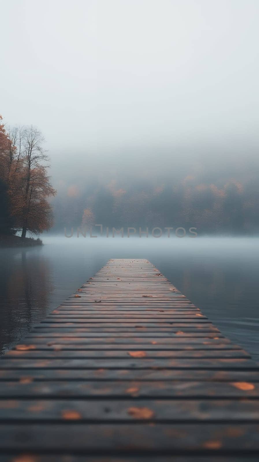 A mysterious wooden dock stretches into a mist covered lake, surrounded by autumn trees in a tranquil setting.