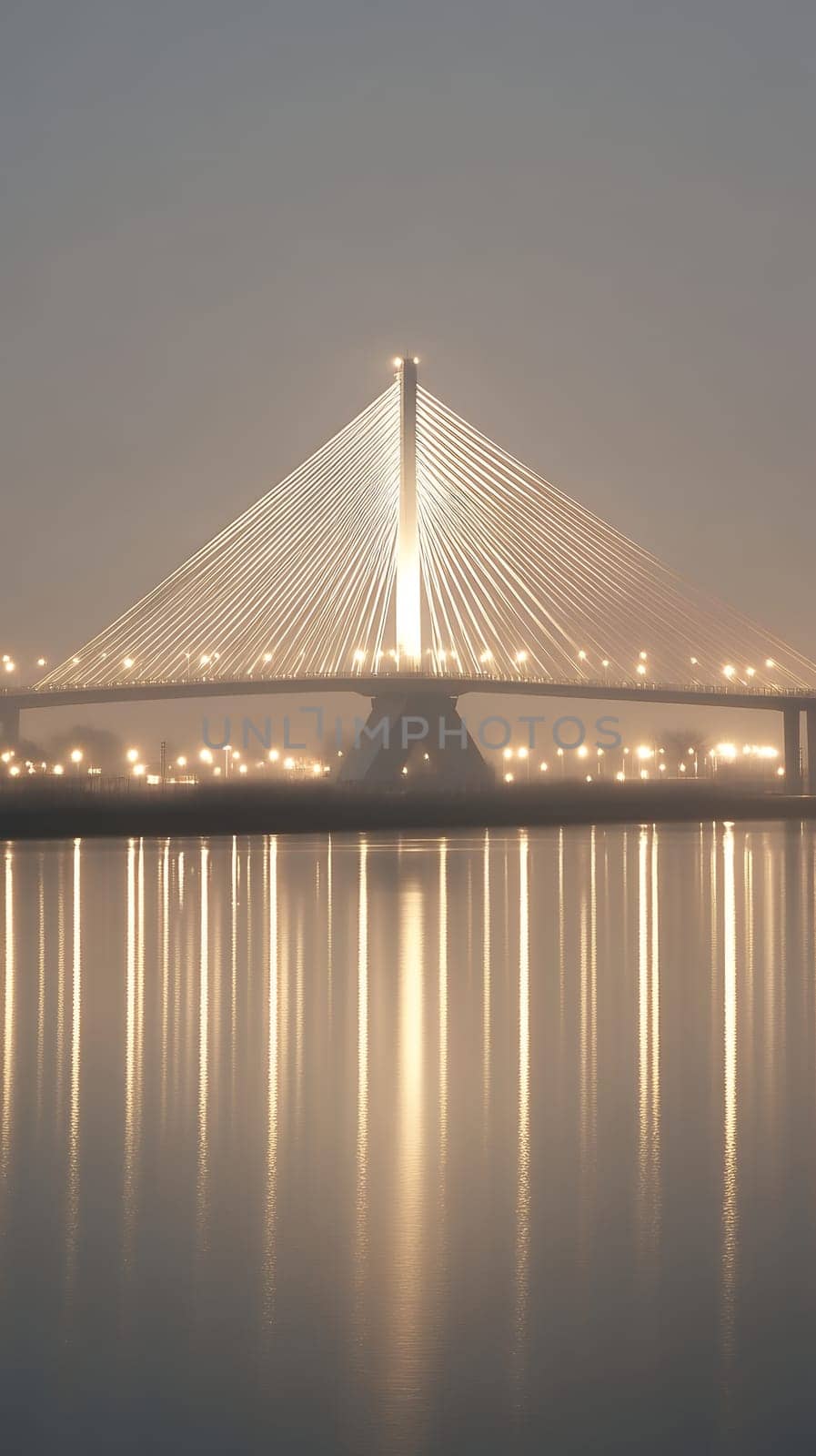 A beautifully illuminated bridge spans across calm waters at dusk, reflecting its lights in a serene scene.