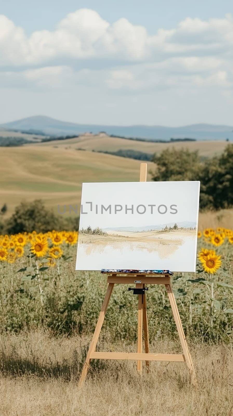 An easel with a canvas stands amidst a vibrant sunflower field under a bright sky, capturing the essence of nature.