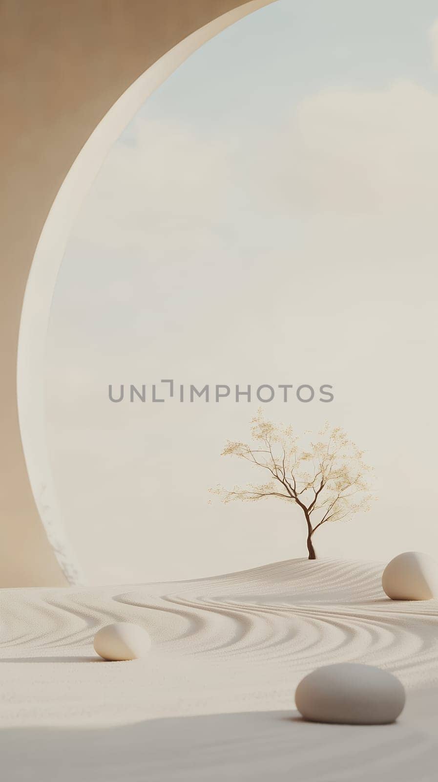 A minimalist tree stands in a serene zen garden, creating a peaceful and harmonious atmosphere with flowing sand patterns.