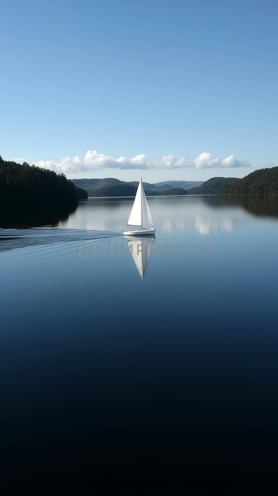 A white sailboat glides across a calm lake, reflecting the serene sky and surrounding landscape.