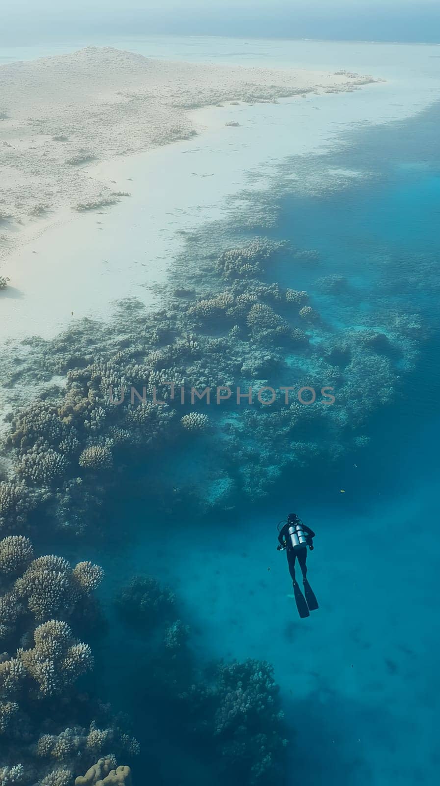 A scuba diver explores the vibrant coral reefs, showcasing the beauty and diversity of marine life.