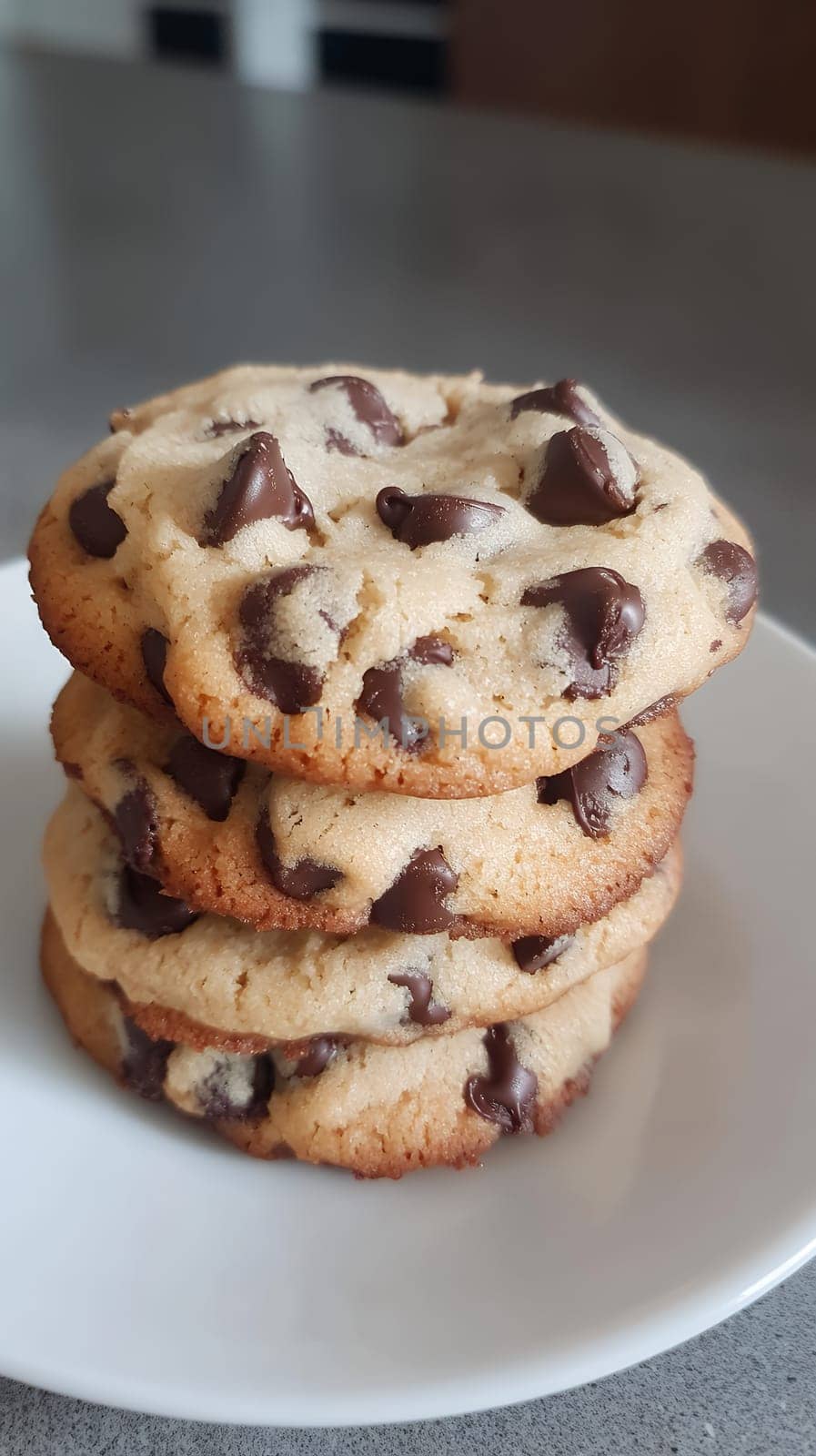 A tempting stack of freshly baked chocolate chip cookies on a white plate, ready to be enjoyed.