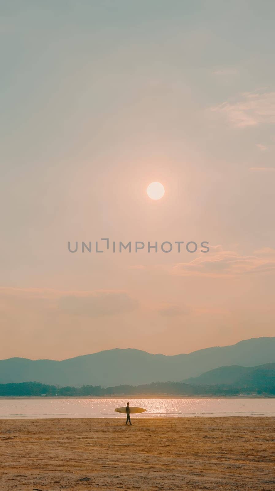 A lone surfer walks along the beach with a surfboard, silhouetted against a vibrant sunset sky.