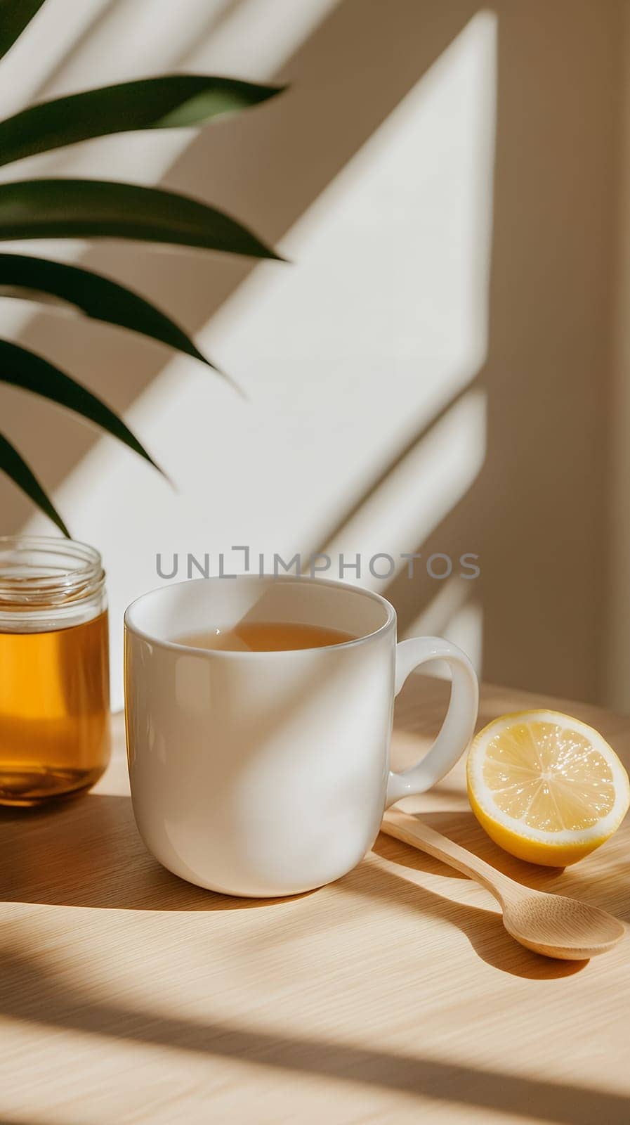 A cup of hot tea with lemon and honey, accompanied by wooden spoons and a jar of honey, bathed in warm sunlight.