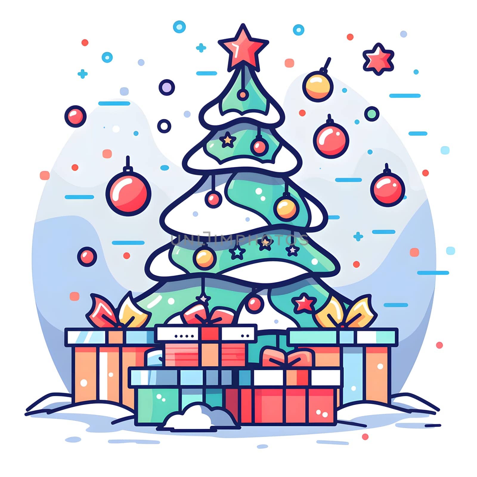 A festive cartoon illustration of a Christmas tree adorned with ornaments and gifts underneath, showcasing holiday decorations and the spirit of the season
