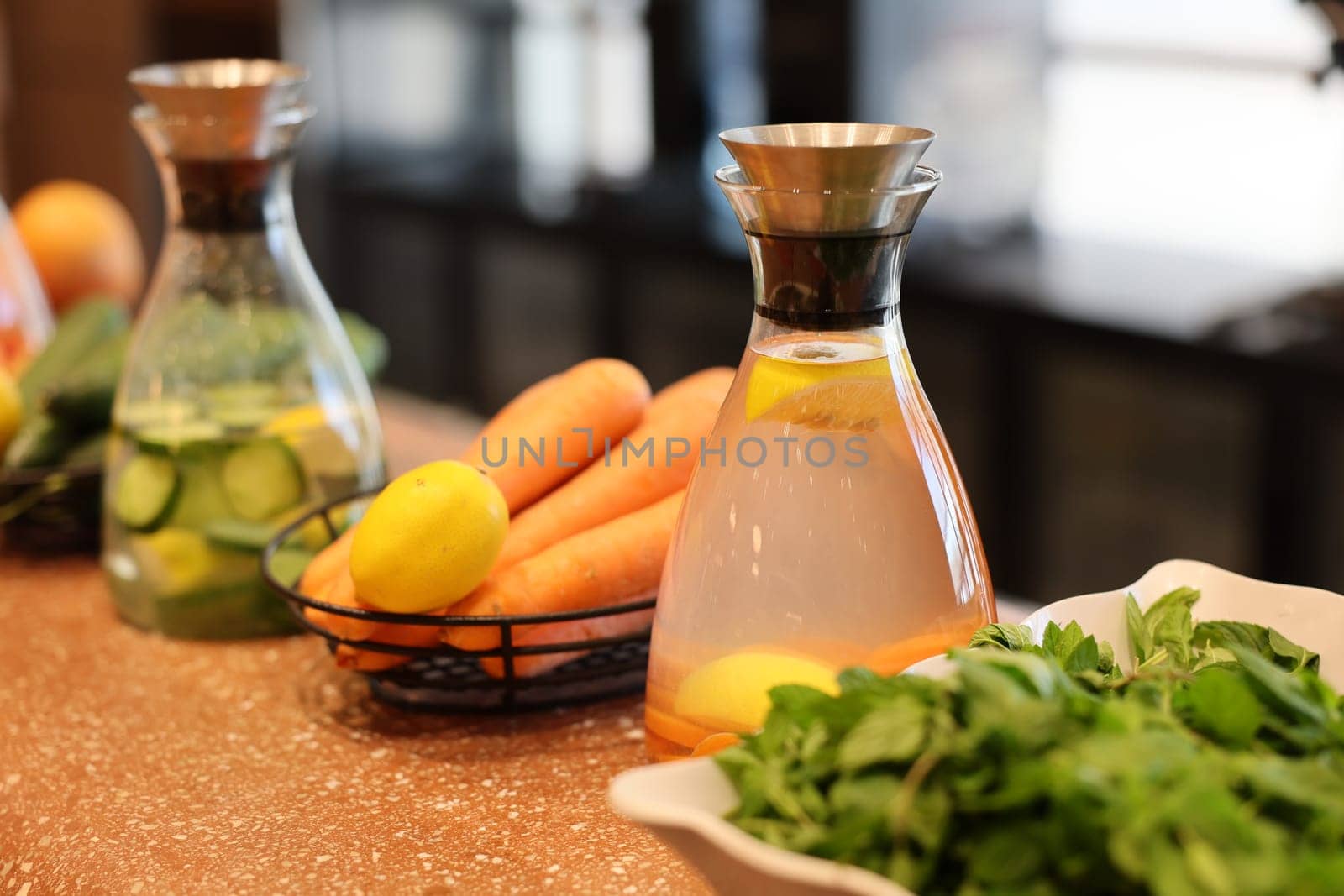 A truly vibrant and colorful display of fresh vegetables and refreshing drinks, perfect for a healthy lifestyle
