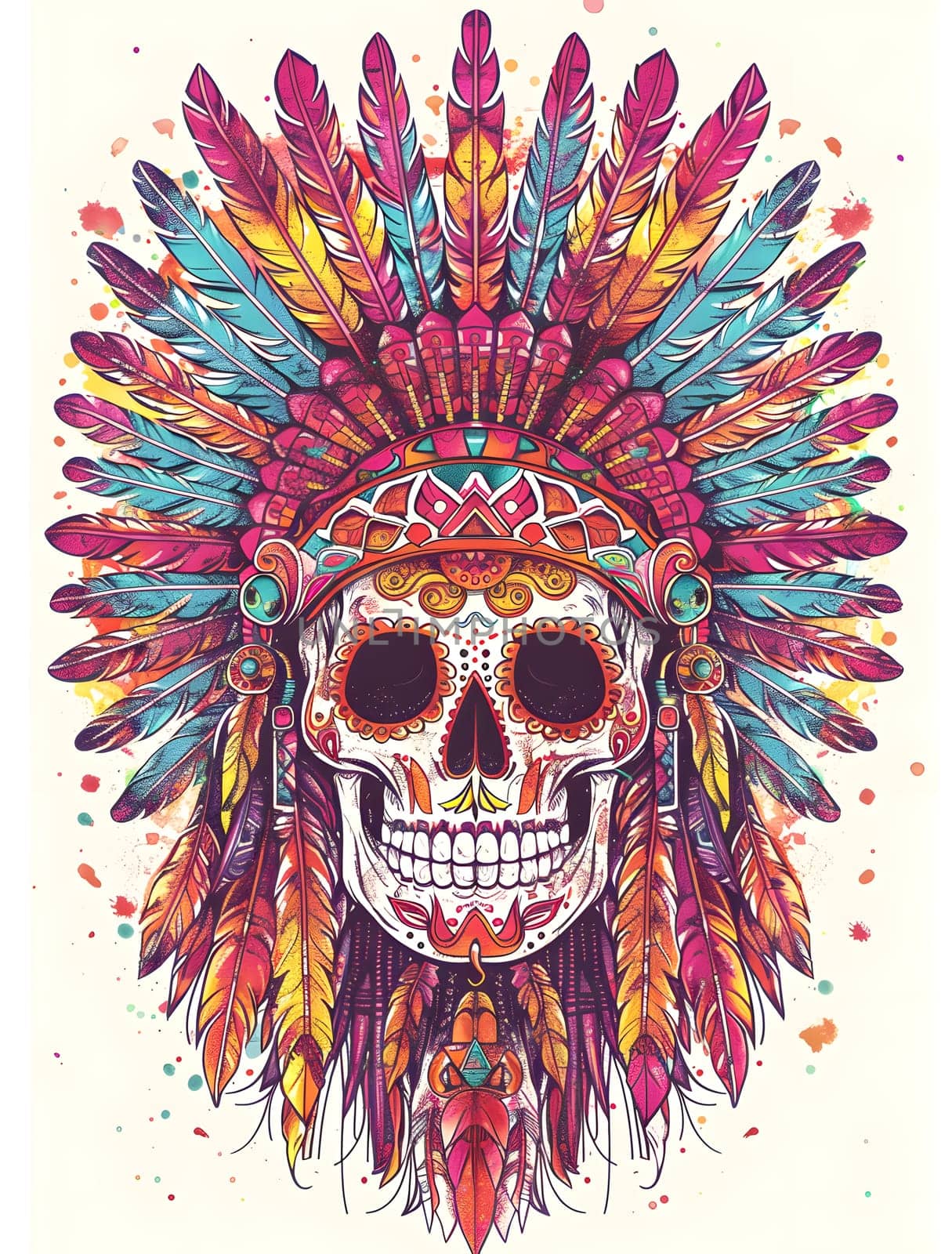 Detailed skull illustration featuring a vibrant feathered headdress in bright colors.