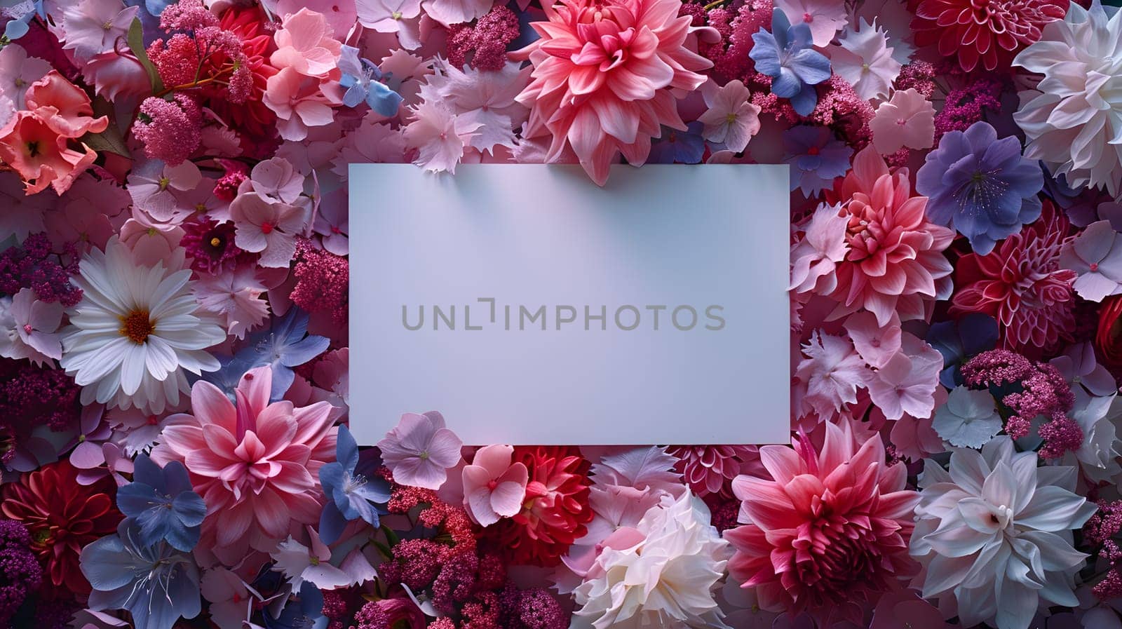 A white card is adorned with pink and purple flowers, creating a beautiful contrast. The delicate petals of the flowers stand out against the electric blue background, showcasing the beauty of nature