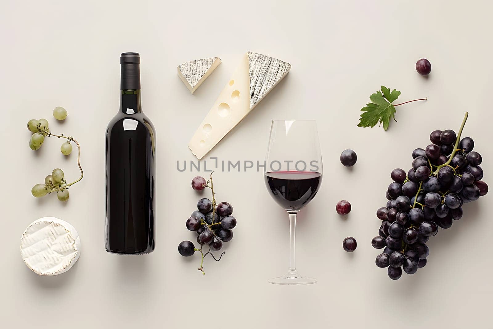 Wine bottle with cheese, grapes and red wine on white background, top view.