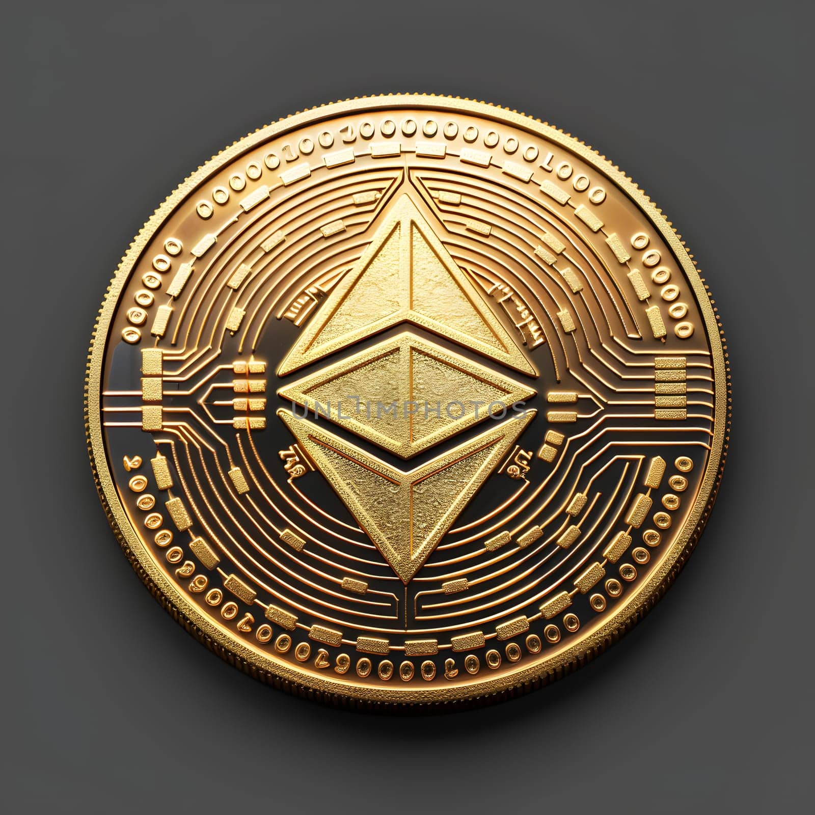 A beautiful gold coin featuring the Ethereum logo, designed as a fashionable accessory with intricate details like symmetry, emblem, and circle art