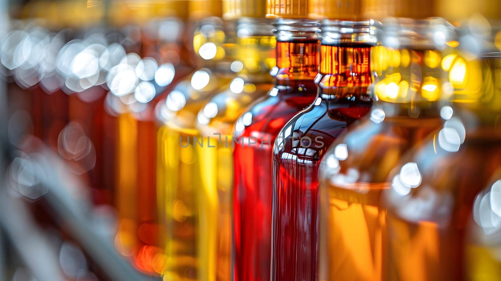 A row of glass bottles filled with amber liquid, possibly alcoholic beverages or flavored syrups, are neatly lined up on a shelf