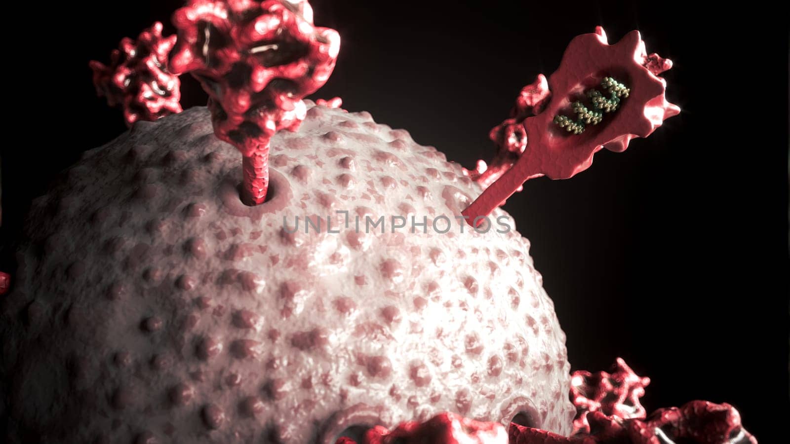 A highly detailed 3D rendering shows a virus particle, likely a coronavirus, with spike proteins and an exposed segment of genetic material, representing the mRNA vaccine interaction concept.