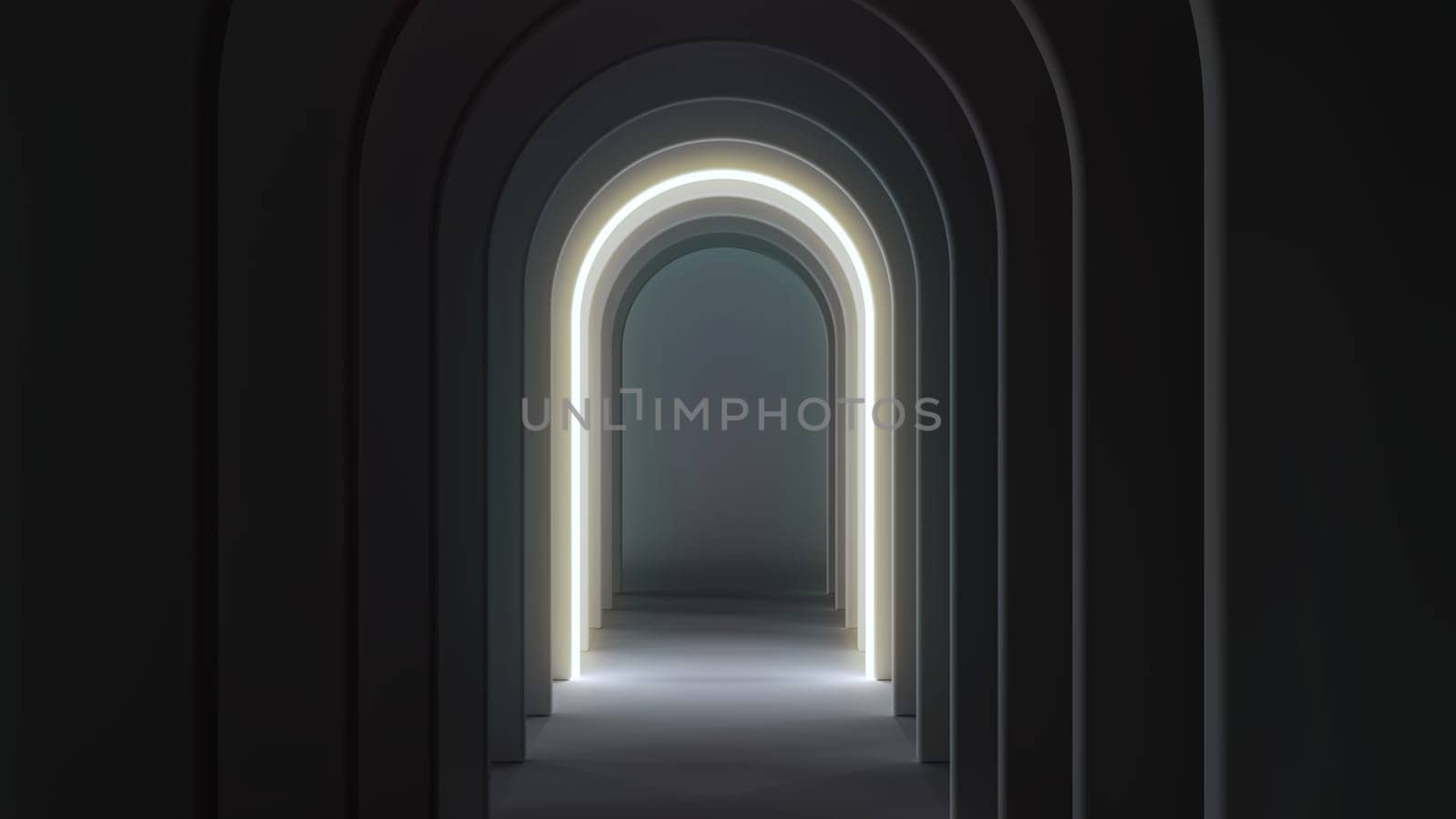 A dark corridor with illuminated arches creating depth and a minimalist, futuristic ambiance