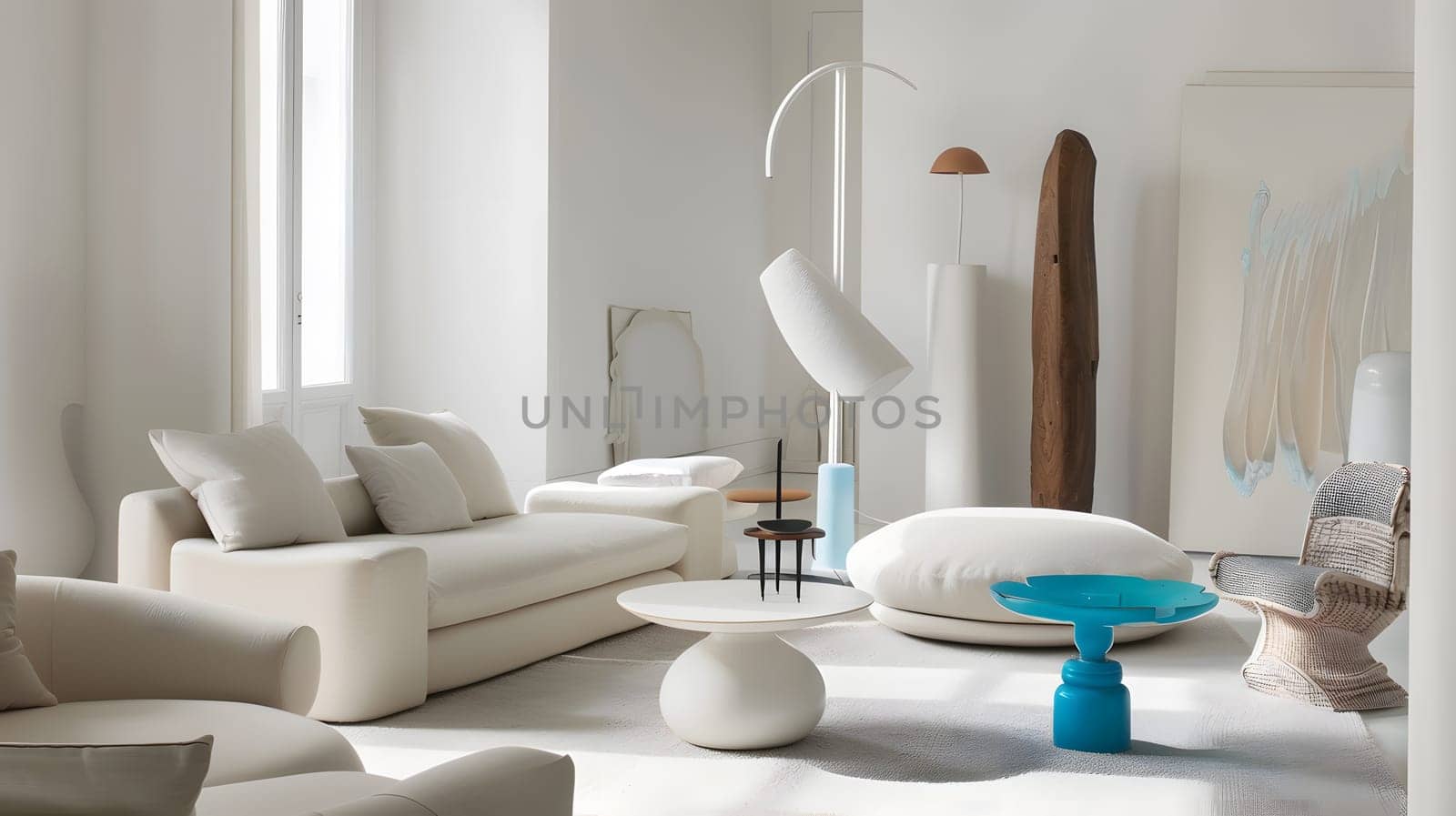 Elegant minimalist living room featuring neutral tones, contemporary furnishings.