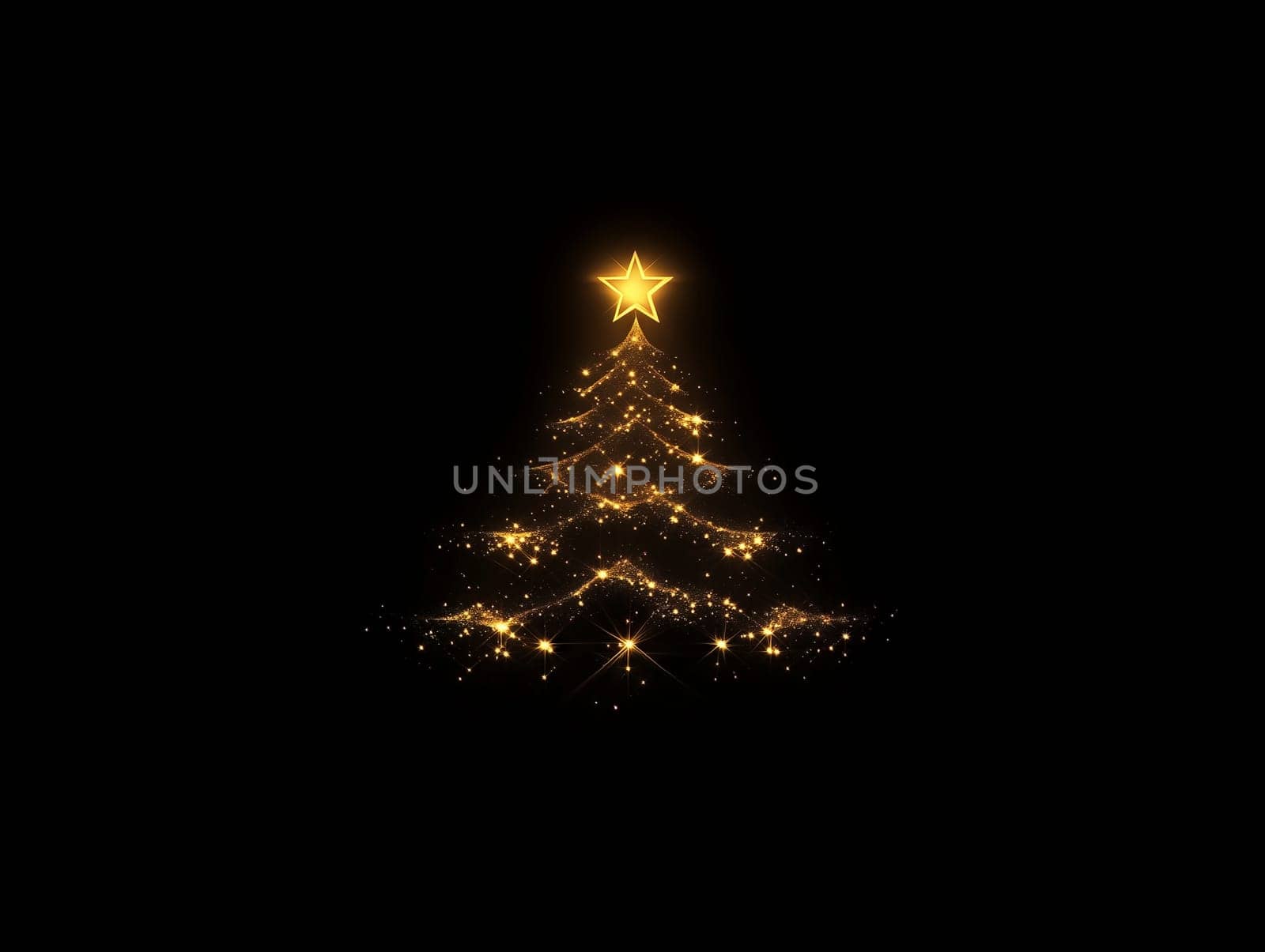 Elegant Christmas tree outline created by sparkling lights with a shining star on top, set against a black background, capturing a festive and minimalist ambiance.