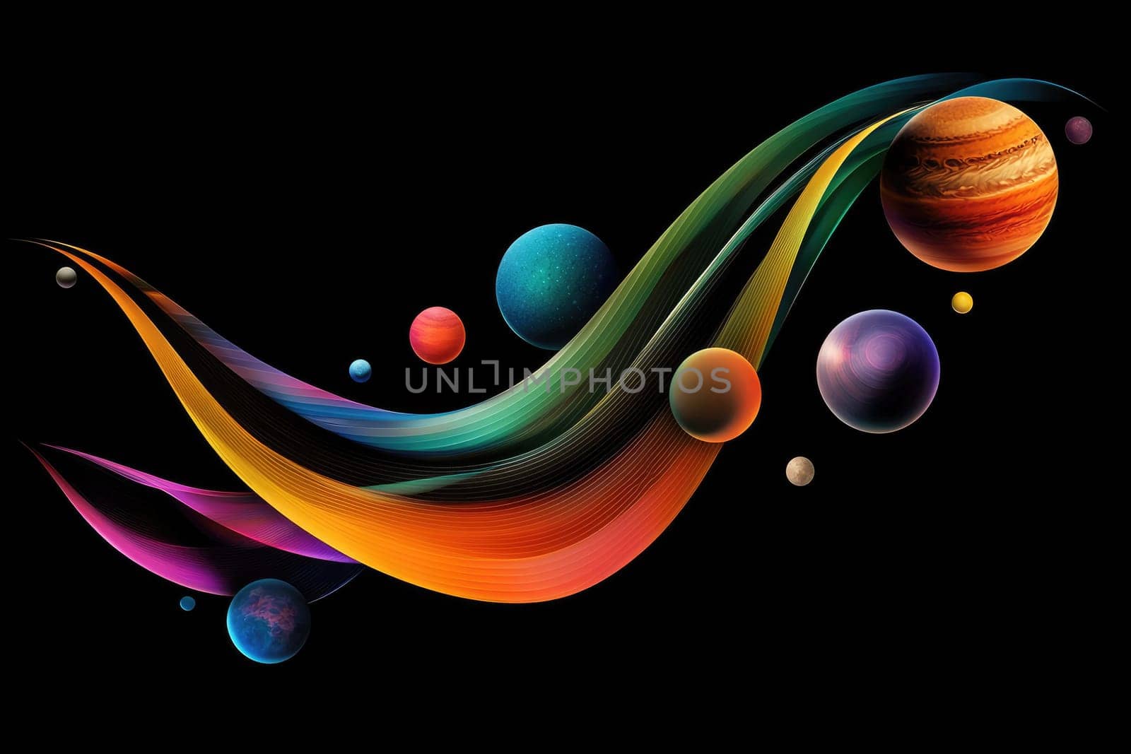 Colorful solar system with planets in curved style on black background.