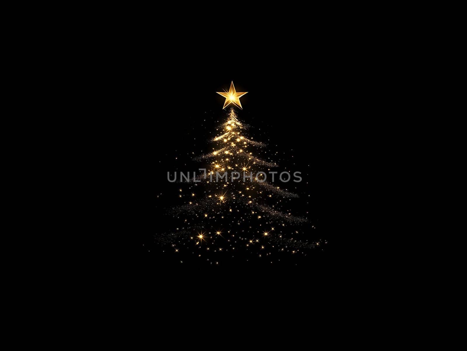Elegant Christmas tree outline created by sparkling lights with a shining star on top, set against a black background, capturing a festive and minimalist ambiance.