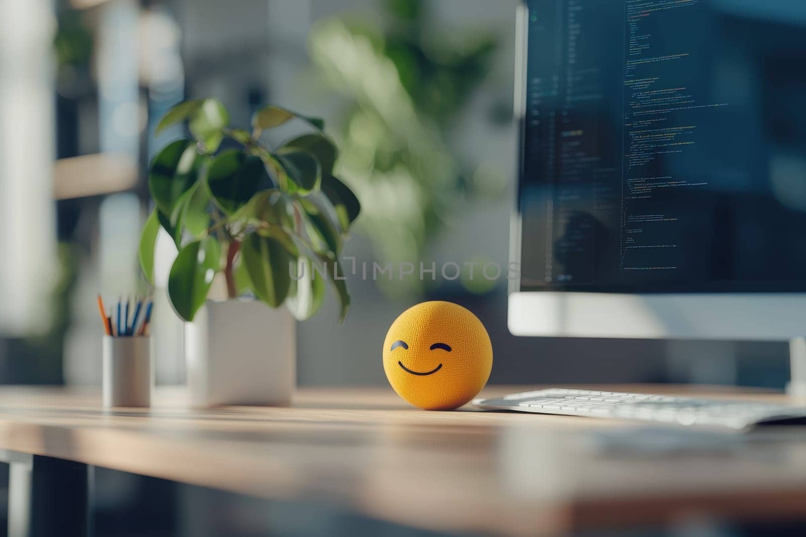 A cheerful smiling emoji sits on a modern desk next to a computer and a small potted plant, creating a vibrant and inspiring workspace atmosphere.