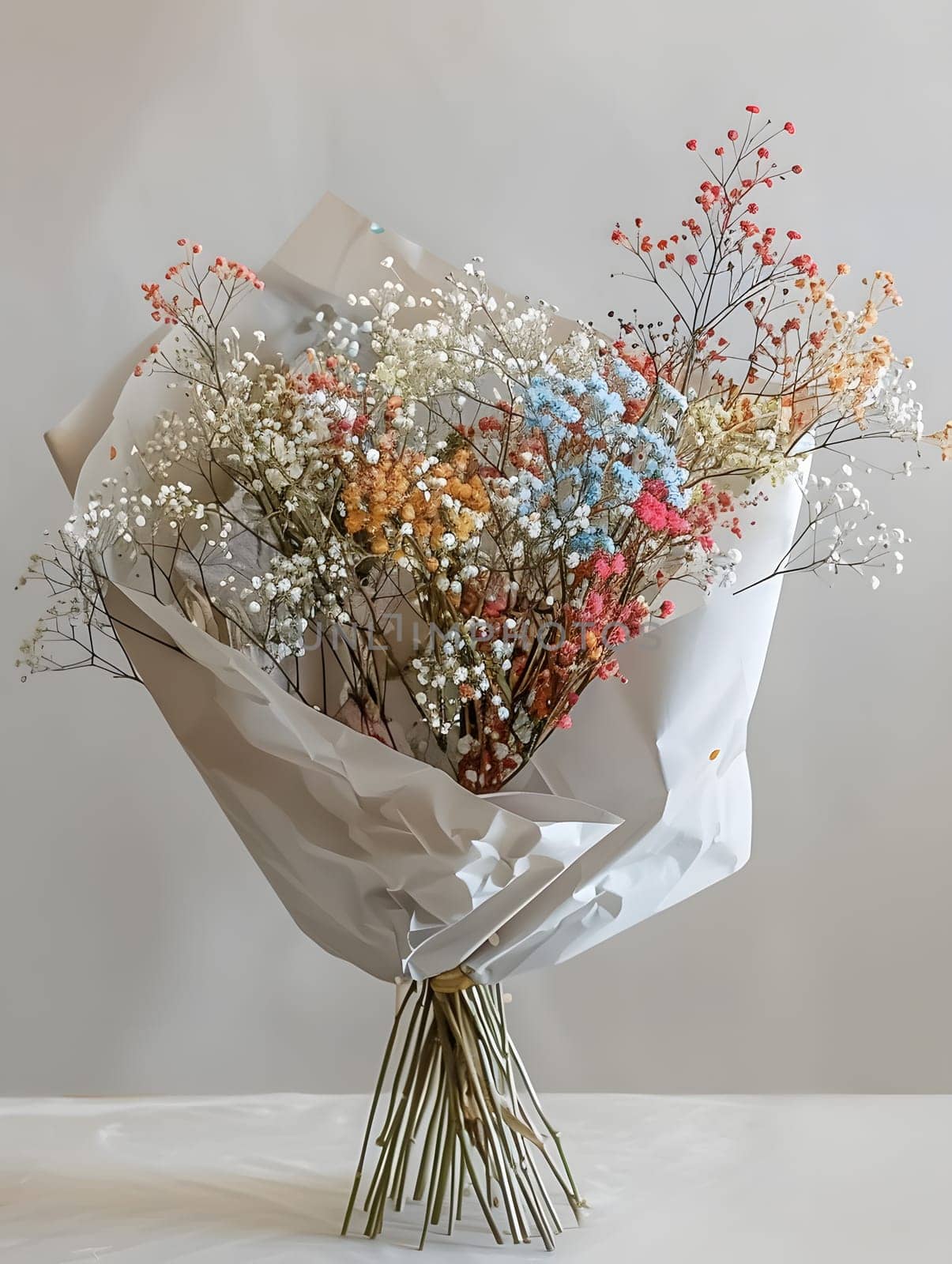 Beautiful bouquet of colorful dried flowers wrapped in white paper, minimal background