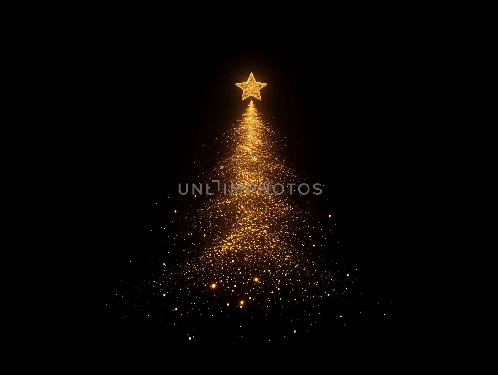 Elegant Christmas tree outline created by sparkling lights with a shining star on top, set against a black background, capturing a festive and minimalist ambiance.