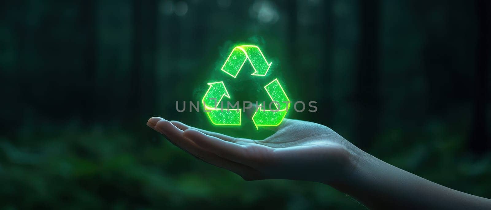 A hand holds a glowing recycle symbol in a lush forest, symbolizing sustainability and environmental awareness. This captivating image promotes eco-friendly practices.