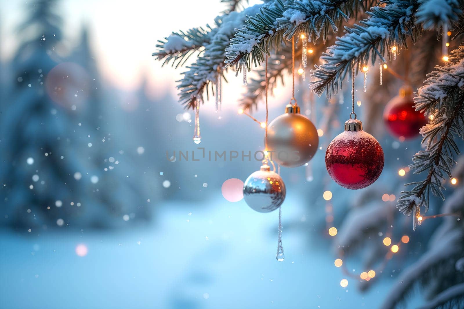Colorful ornaments hang from a snowy evergreen tree, illuminated by soft lights in a tranquil winter setting at dusk - Generative AI