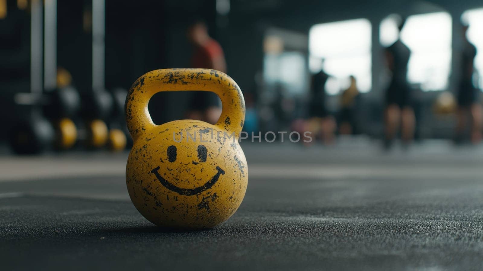 Closeup of a cheerful yellow kettlebell in a gym setting, symbolizing fitness and motivation. Emphasizes a vibrant workout environment with energetic athletes.
