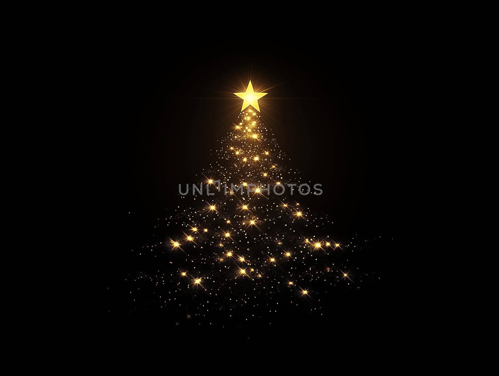 Elegant Christmas tree outline created by sparkling lights with a shining star on top, set against a black background, capturing a festive and minimalist ambiance.