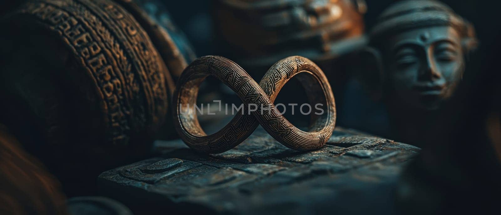 A pair of intricately carved wooden rings overlaps on a textured surface, evoking a sense of infinity and artistic expression in a rustic setting.