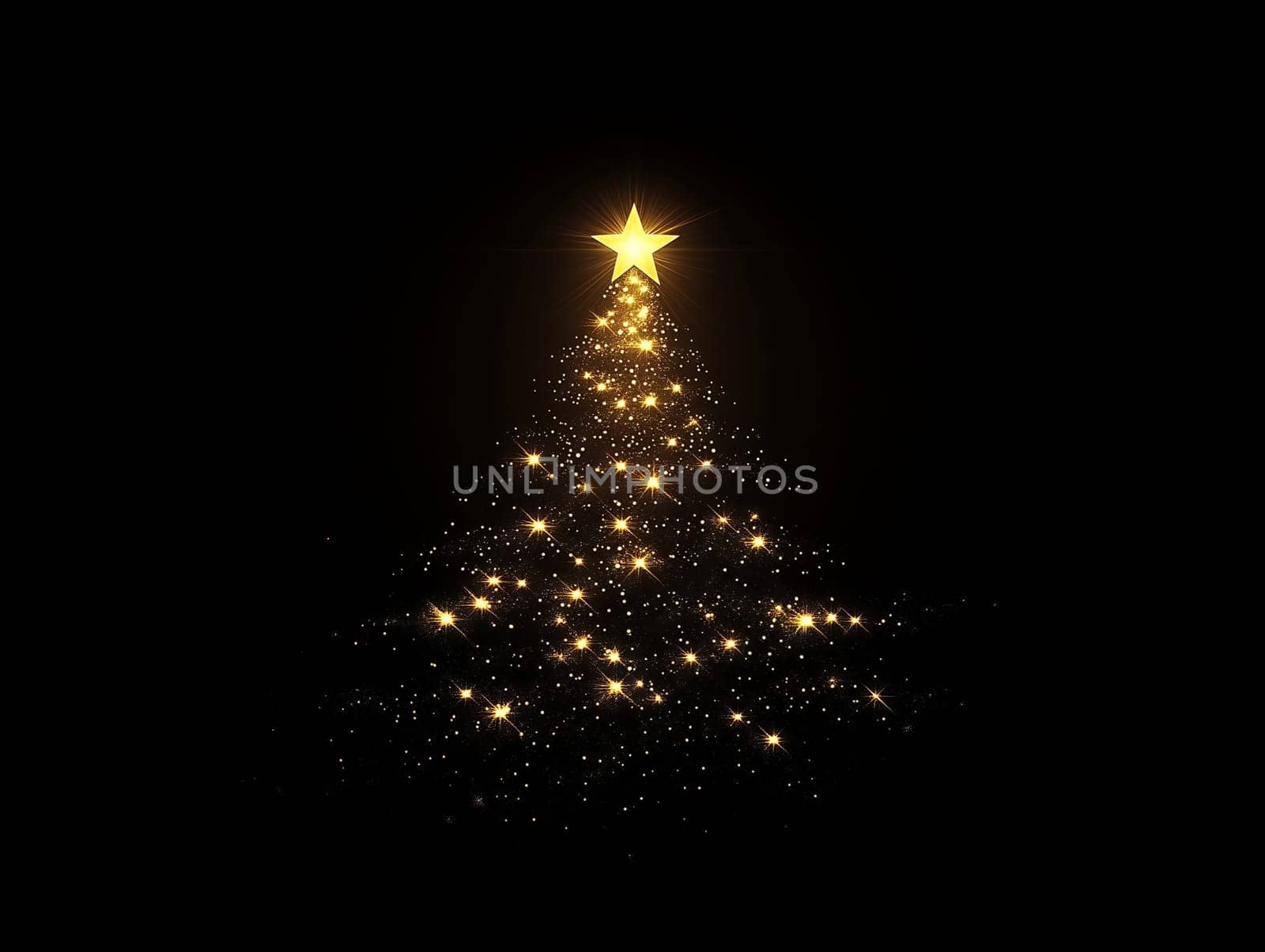 Elegant Christmas tree outline created by sparkling lights with a shining star on top, set against a black background, capturing a festive and minimalist ambiance.
