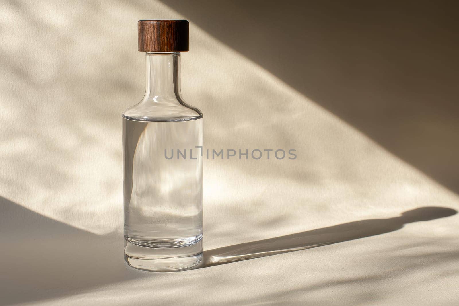 A stunning tall transparent bottle captures natural light and shadow on a soft surface. Its minimalist design and wooden top create an elegant ambiance.