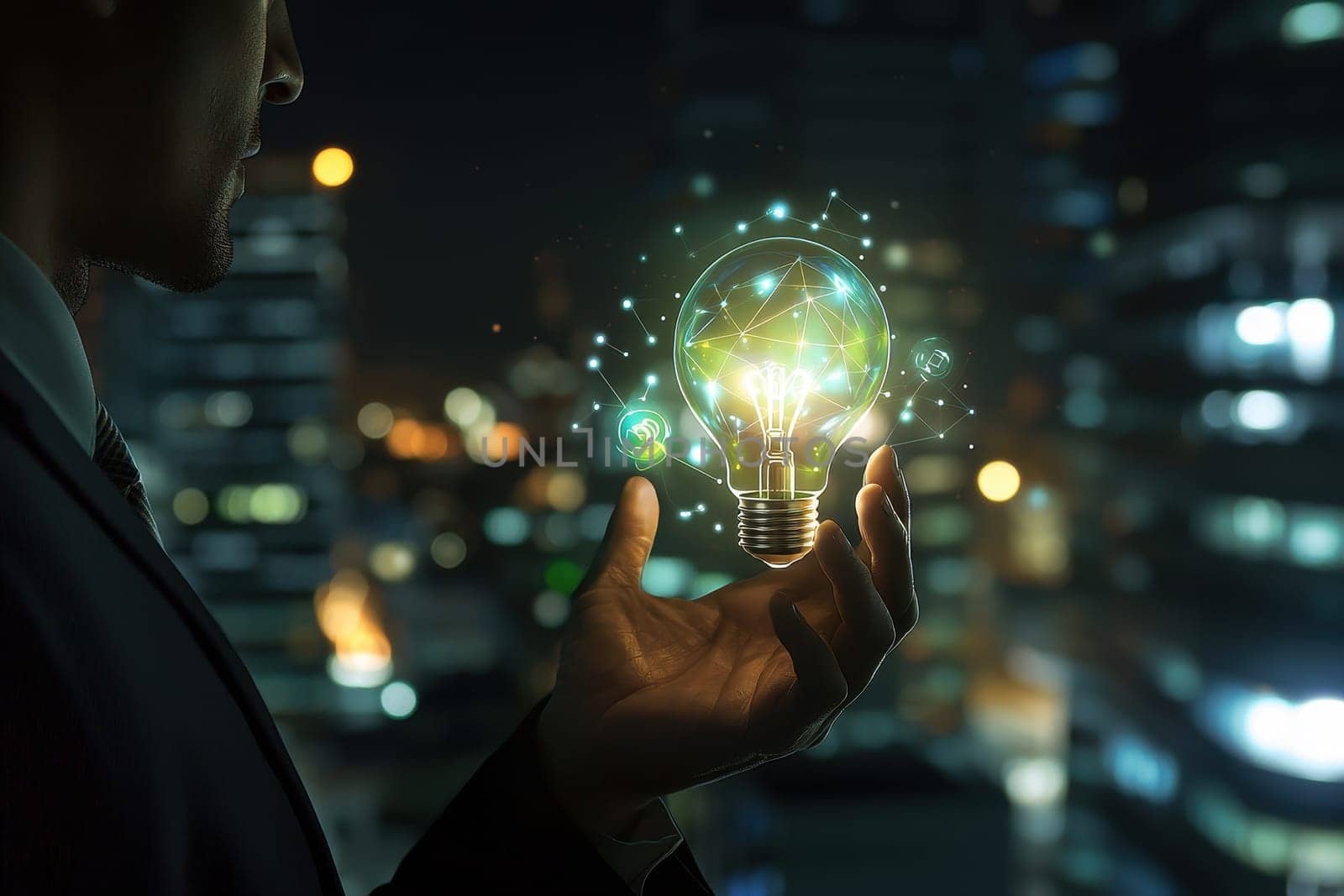 A businessman stands in a futuristic cityscape at night, holding a glowing lightbulb that symbolizes ideas and innovation, embodying modern success and creativity.