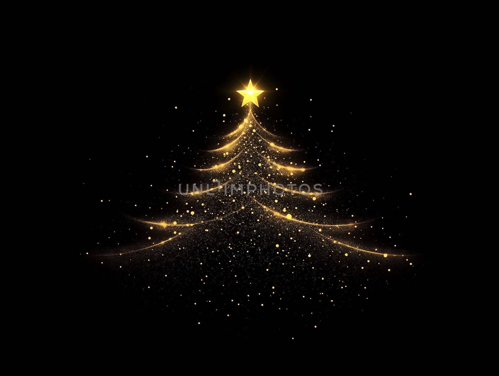 Elegant Christmas tree outline created by sparkling lights with a shining star on top, set against a black background, capturing a festive and minimalist ambiance.