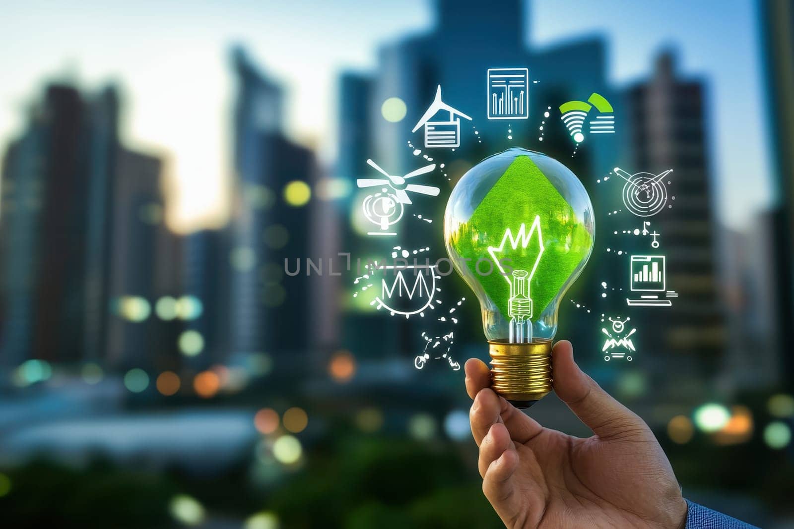A businessman holds a lit lightbulb, symbolizing creativity and innovation in a modern city skyline, highlighting themes of technology, sustainability, and growth.