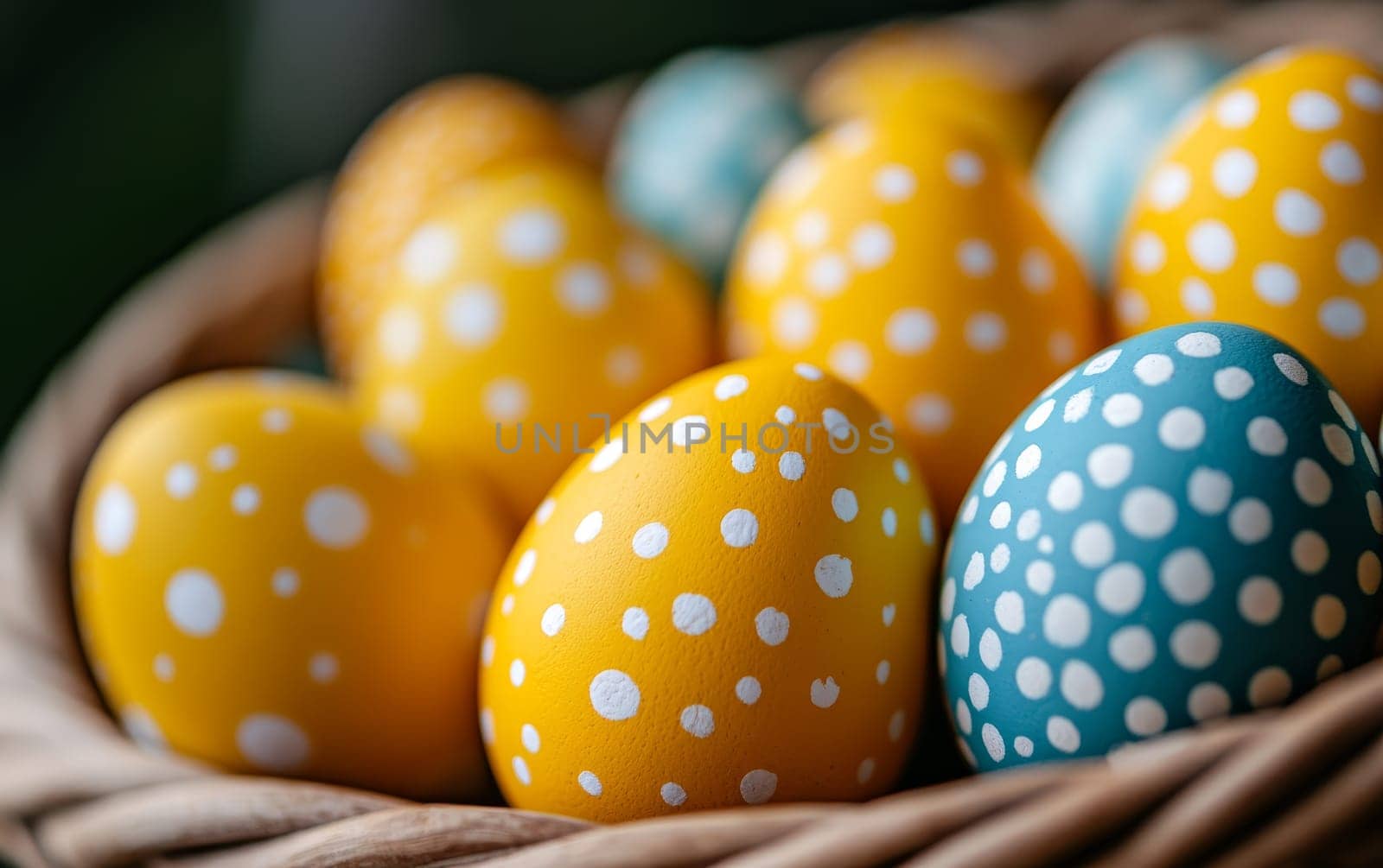Vibrant Easter eggs decorated with polka dots in a basket, representing festive spring celebrations.