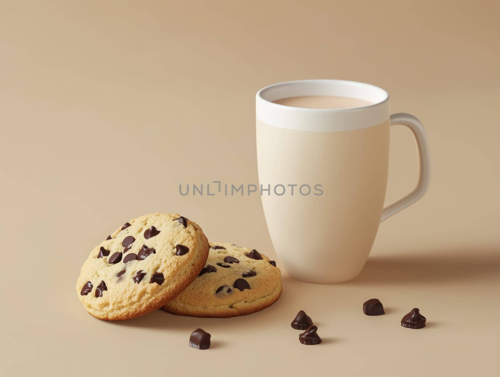Close-up of two chocolate chip cookies with a mug of coffee on a beige background, creating a cozy and minimalist snack setup
