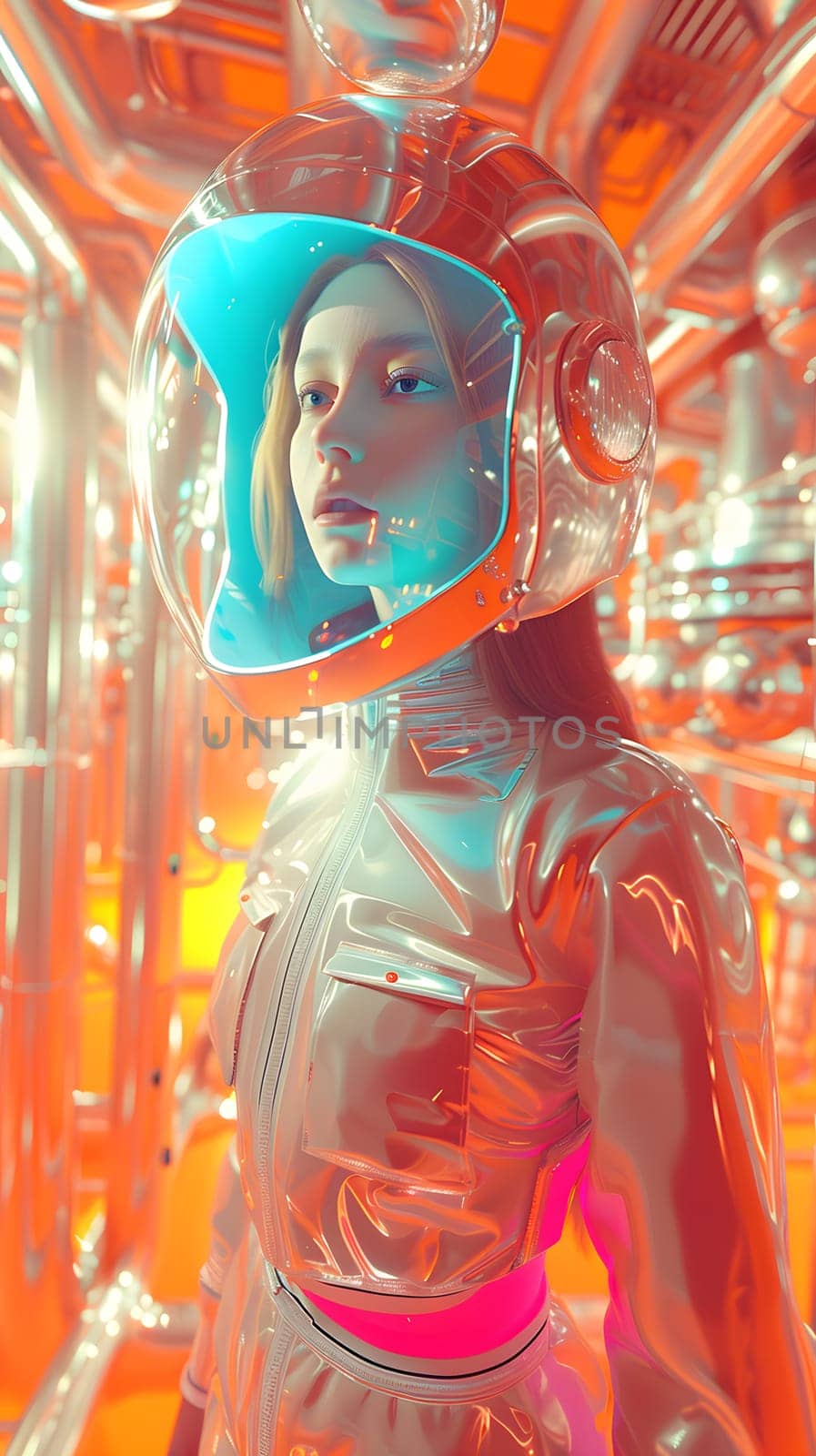 A woman in an orange space suit wearing a magenta helmet made of transparent material with electric blue glass, reflecting the light like an art installation