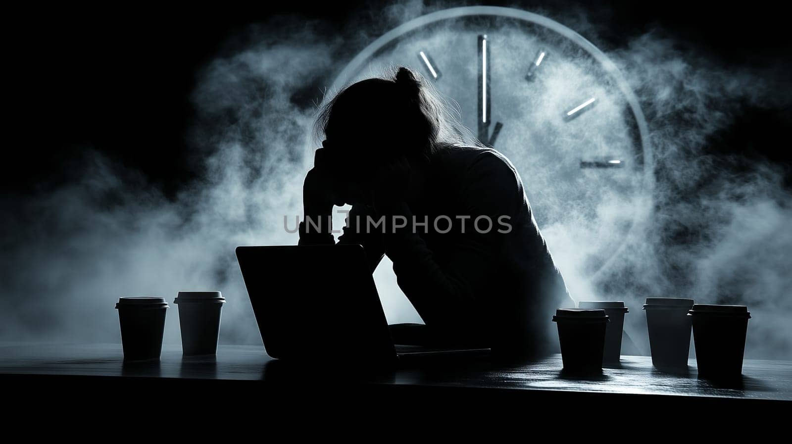 A silhouetted individual sits at a desk in a smoky environment, surrounded by coffee cups, with a large clock in the background, symbolizing stress and time pressure