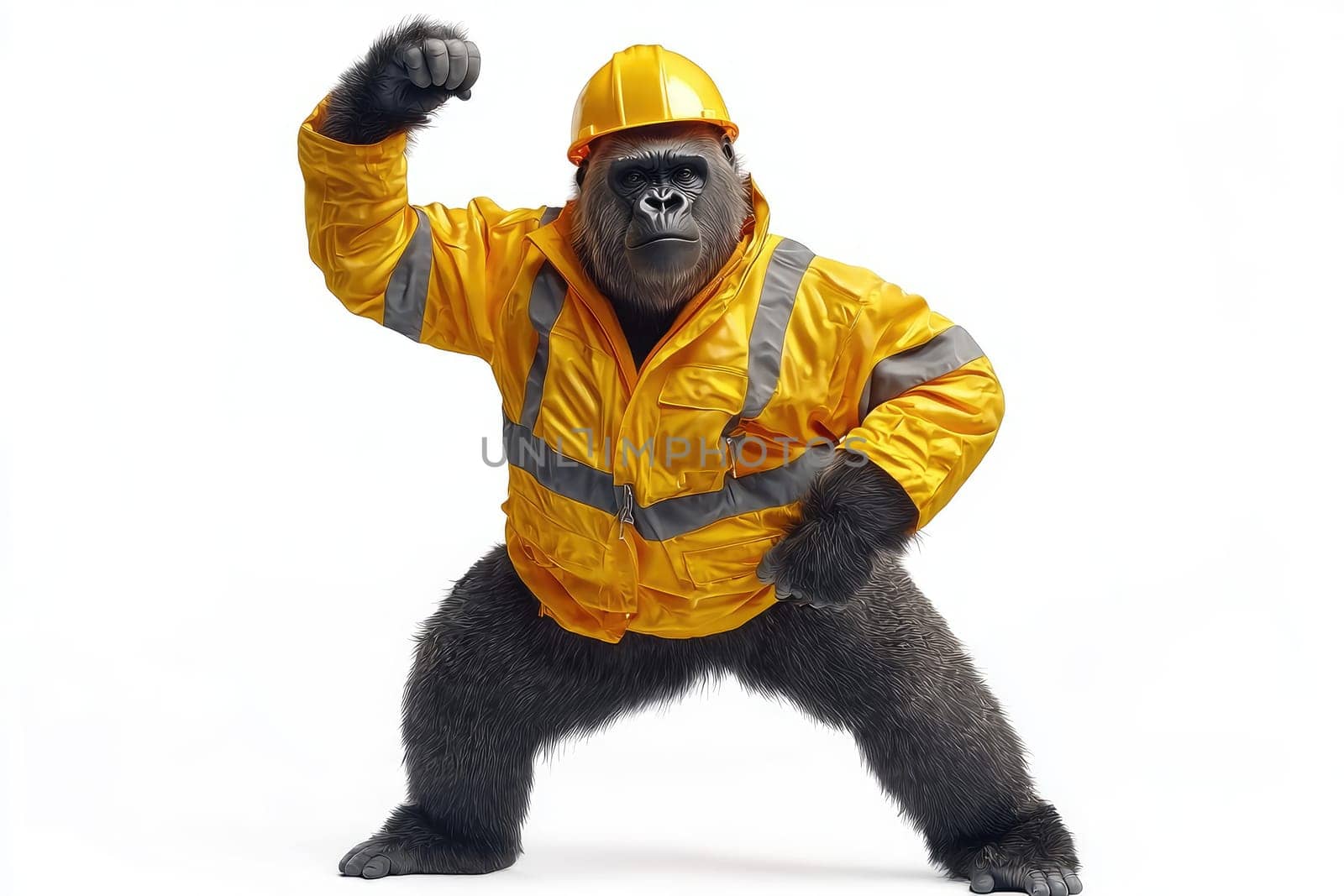 photorealistic gorilla in safety attire poses confidently.