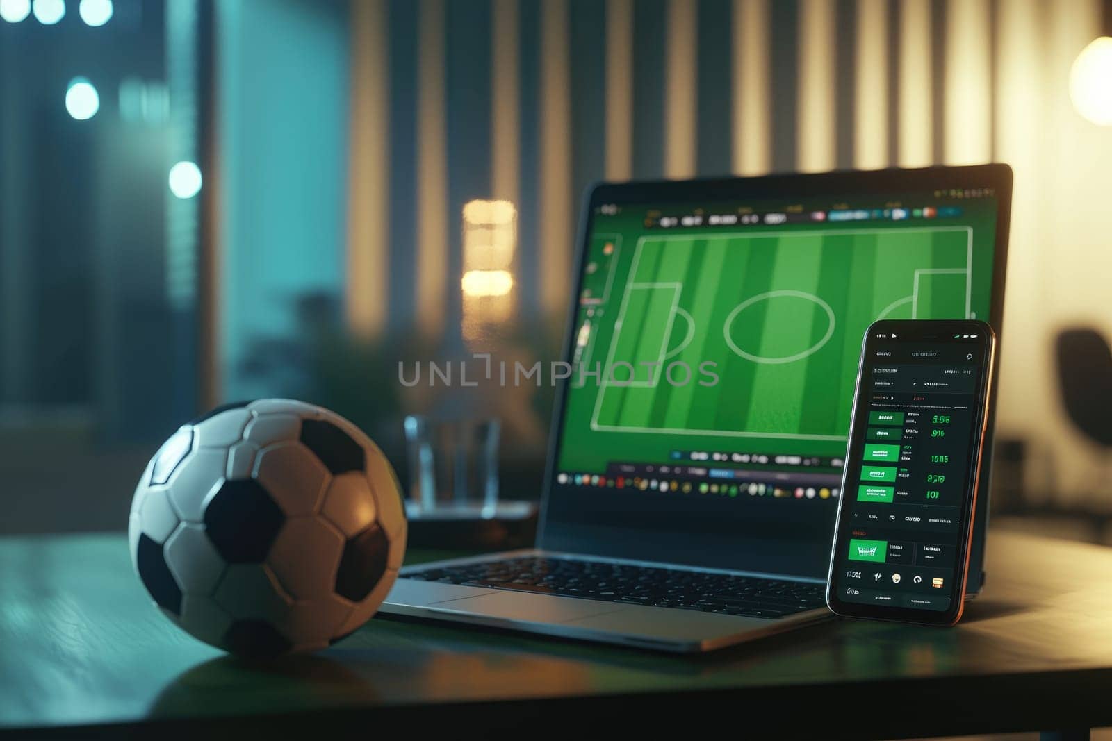 Soccer ball, laptop, mobile phone sports betting, green field night.