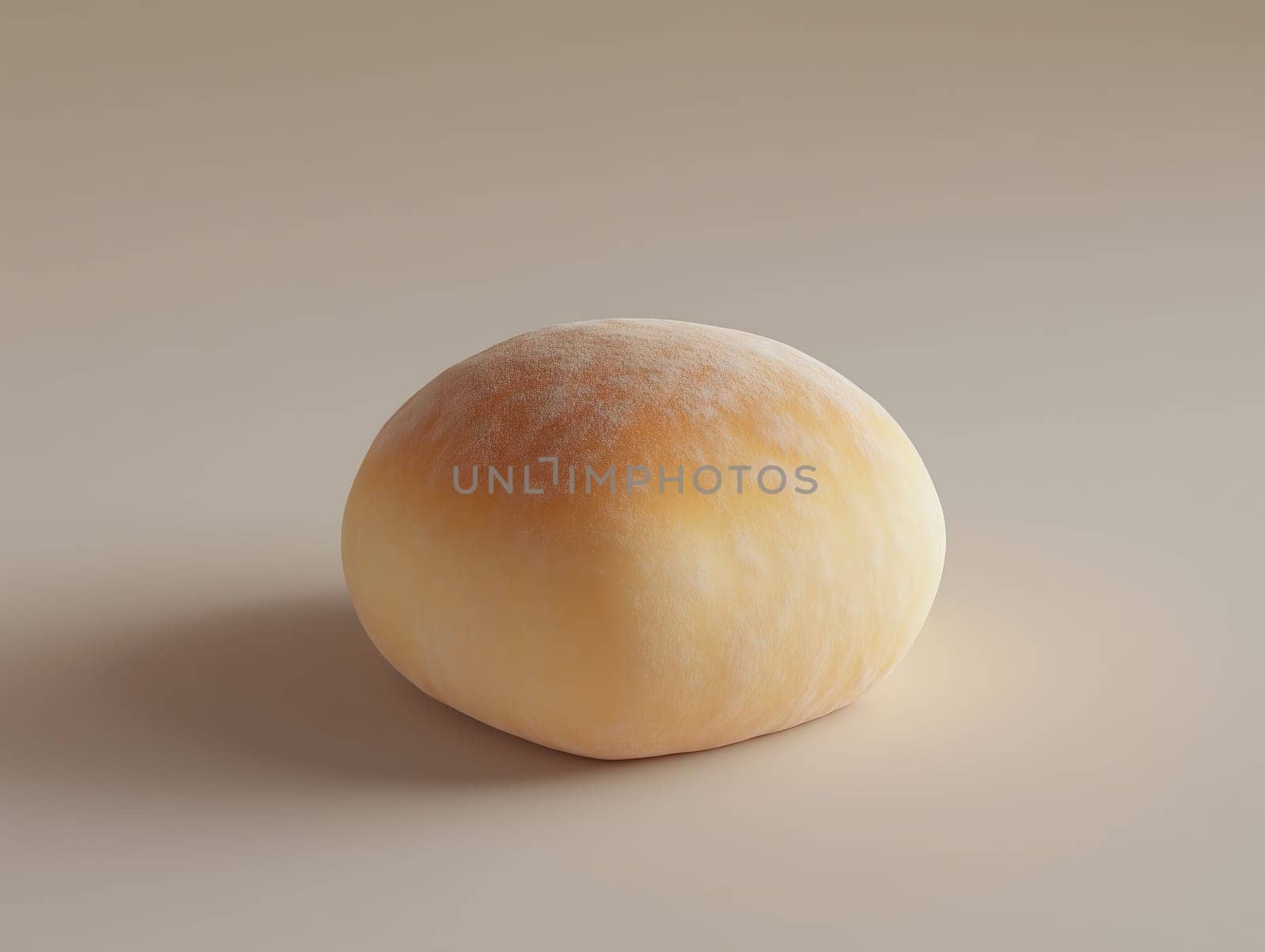 Close-up of a round, soft bread roll with a golden-brown top on a neutral background, highlighting texture and simplicity. No people.