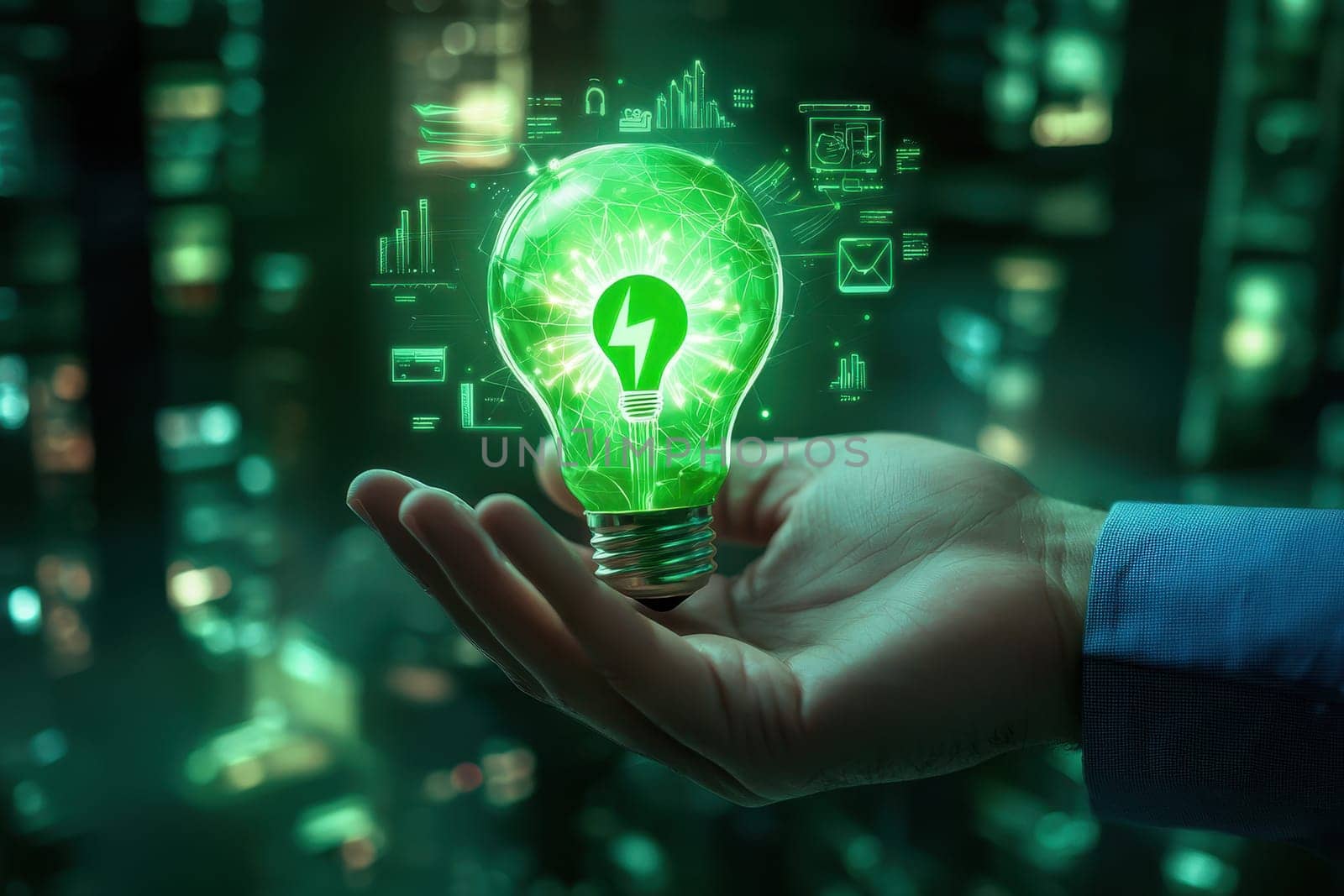 A businessman holds a glowing light bulb, symbolizing creativity and innovation against a backdrop of digital graphics. Ideal for themes of energy and business growth.
