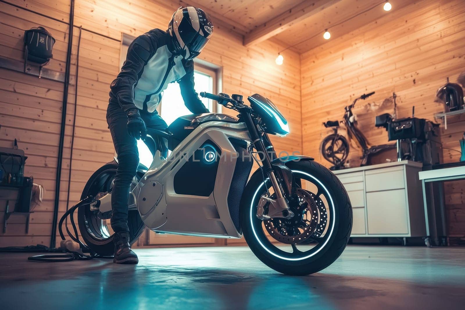 A person charges a modern electric motorcycle in a stylish indoor garage, showcasing cutting-edge design and technology for eco-friendly transport.