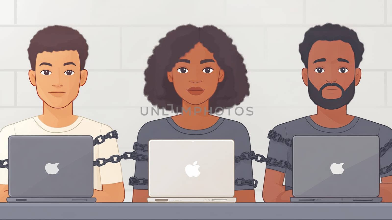 Illustration of three diverse individuals chained to laptops, symbolizing digital dependency, work stress, and lack of freedom in modern workplaces.
