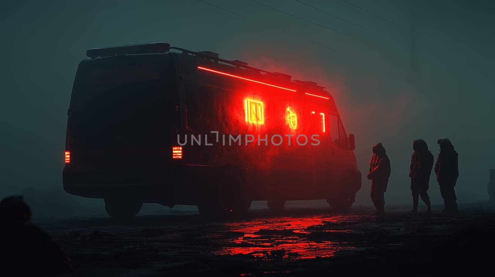 Mysterious night scene with silhouetted figures standing beside a van emitting red light, surrounded by dense fog, creating an eerie atmosphere.