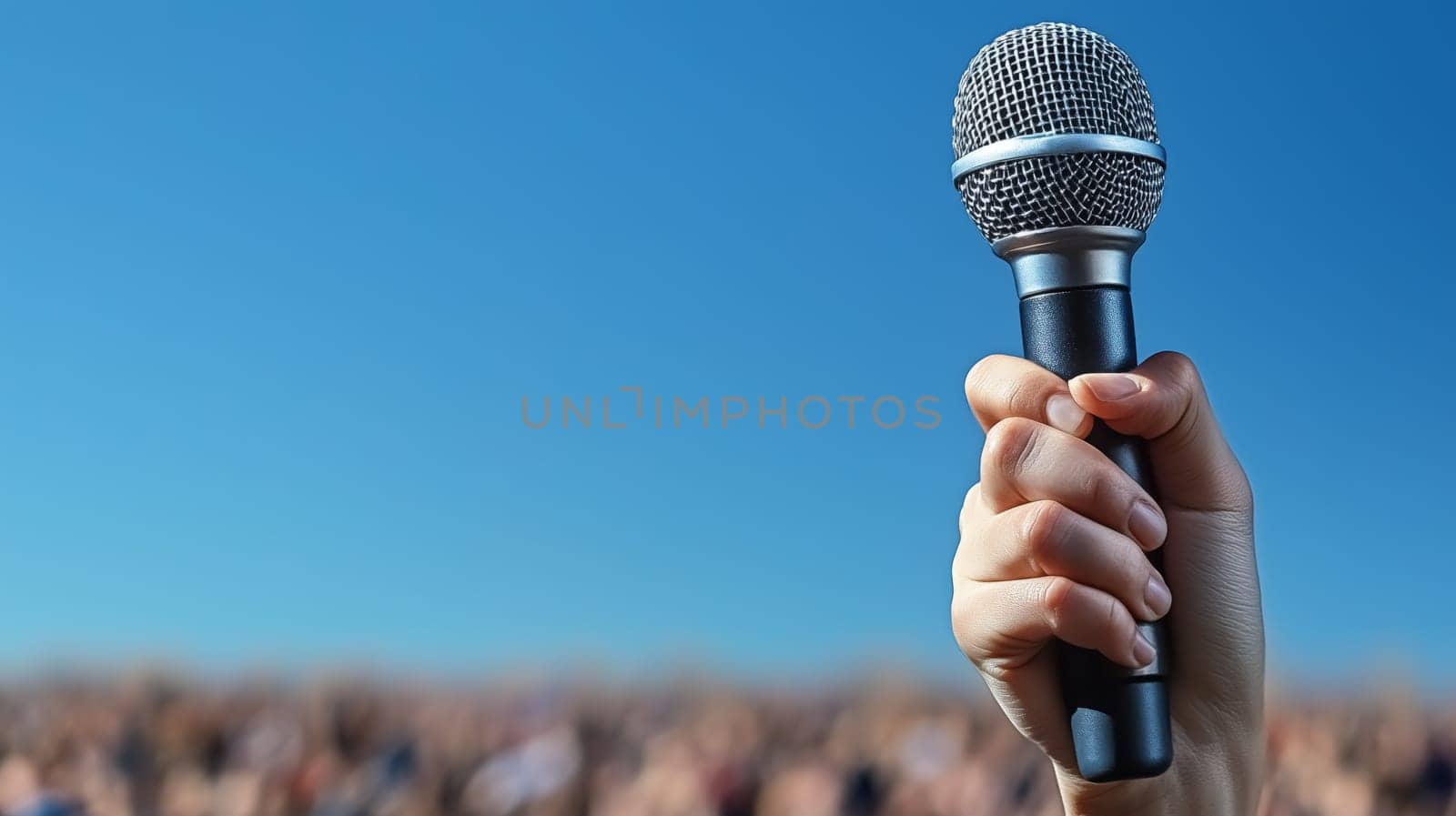 Close-up of a hand holding a microphone, facing a blurred crowd, symbolizing public speaking or performance.